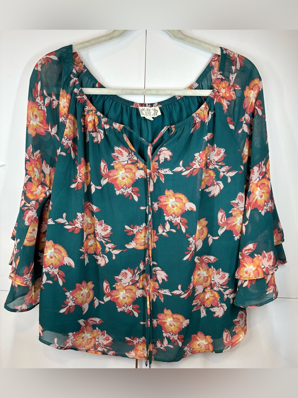Pink Rose Floral Blouse Size Small Teal Peasant Top Bell Sleeve Boho